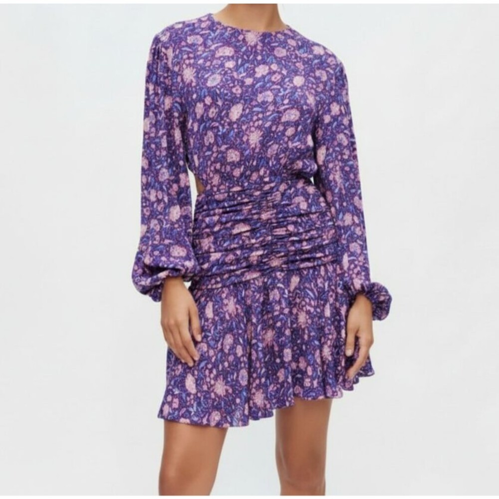 Maje Dahlia Cut Out Floral Dress Women Size 40 Large Purple Ruched Mini 8/10